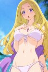  1girl beach bikini blonde_hair blurry blurry_background breasts cleavage cloud day from_below fuurin_asumi healin&#039;_good_precure highres jewelry kazuma_muramasa large_breasts long_hair looking_at_viewer navel necklace ocean open_mouth outdoors palm_tree precure purple_eyes sky solo standing swimsuit tree underboob white_bikini 