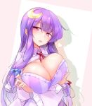  1girl bangs blue_bow blunt_bangs bow bowtie breasts cleavage crescent crescent_hair_ornament dress fumitsuki_(minaduki_6) hair_bow hair_ornament highres huge_breasts long_hair long_sleeves neck_ribbon patchouli_knowledge purple_dress purple_eyes purple_hair red_bow red_bowtie red_ribbon ribbon solo striped striped_dress touhou vertical-striped_dress vertical_stripes very_long_hair wide_sleeves 