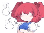  1girl blue_dress blush_stickers closed_eyes closed_mouth crossed_arms dress fried_rice0614 hair_bobbles hair_ornament one-hour_drawing_challenge onozuka_komachi red_hair short_hair short_sleeves simple_background smile solo touhou two_side_up upper_body white_background 
