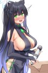  1girl animal_ear_fluff animal_ears bare_shoulders black_hair blue_archive blue_hair blush box breasts bridal_gauntlets china_dress chinese_clothes cleavage covered_navel dress from_side gradient_hair green_eyes hair_intakes halo large_breasts long_hair looking_at_viewer multicolored_hair shun_(blue_archive) sideboob sidelocks simple_background solo tassel ushimittsu very_long_hair white_background 