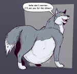  after_vore belly big_belly butt canid canine canis dialogue english_text feral feral_pred fur grey_body grey_fur looking_at_viewer male male_pred mammal solo speech_bubble text thatgryphonguy vore wolf 