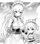  2girls azur_lane belfast_(azur_lane) breasts cleavage collarbone elbow_gloves fingerless_gloves gloves greyscale holding holding_teapot hori_(hori_no_su) large_breasts little_bel_(azur_lane) long_hair looking_at_another looking_away medium_hair monochrome multiple_girls parted_lips teapot 