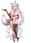  1girl absurdly_long_hair animal_ear_fluff animal_ears asanagi bare_shoulders bell between_breasts black_gloves blush breasts chinese_clothes cleavage curvy double_bun dress folding_fan fox_ears fox_girl fox_tail full_body gloves hair_bun hand_fan high_heels highres holding kiseru large_breasts long_hair looking_at_viewer navel open_mouth original panties pelvic_curtain revealing_clothes ribbon shoes simple_background skindentation smile smoking_pipe solo standing string_panties tail thick_thighs thighhighs thighs underwear very_long_hair white_background white_dress wide_hips yellow_eyes 