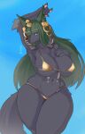 absurd_res big_breasts bikini black_body black_fur blue_background breasts canid canine canis clothing female fur green_hair hair hi_res mammal simple_background skulkers solo swimwear thick_thighs wolf 