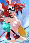  1girl animal_ears asymmetrical_sleeves bikini bikini_top_only blue_eyes breasts deal_with_it_(meme) detached_sleeves eyewear_on_head fang hakos_baelz highres hololive hololive_english large_breasts meme mouse_ears mouse_tail navel ocean pleated_skirt red_hair shyaketunakan skirt swimsuit tail twintails v virtual_youtuber wading 