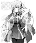  1girl azur_lane blush book breasts cleavage essex_(azur_lane) fingerless_gloves gloves greyscale holding holding_book hori_(hori_no_su) large_breasts long_hair looking_at_viewer monochrome necktie parted_lips solo twintails 