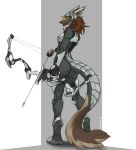  anthro armor arrow_(weapon) bodysuit bow_(weapon) brown_body brown_fur clothing compound_bow drmax female fur hair hi_res ranged_weapon red_eyes red_hair science_fiction sergal skinsuit solo taryn_arkayla tight_clothing weapon 