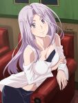  1girl artist_name baron_(varon666) black_pants breasts cleavage closed_mouth collarbone couch dated fuuto_tantei highres indoors large_breasts long_hair long_sleeves looking_at_viewer navel on_couch pants purple_eyes purple_hair shirt smile solo tokime_(fuuto_tantei) white_shirt 