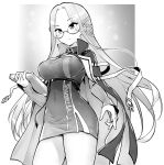  1girl azur_lane bangs blush breasts character_name cleavage closed_mouth glasses greyscale hori_(hori_no_su) large_breasts long_hair long_sleeves looking_to_the_side monochrome parted_bangs round_eyewear semi-rimless_eyewear shangri-la_(azur_lane) smile solo under-rim_eyewear 