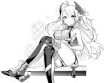  1girl apron ass azur_lane boots breasts closed_mouth cross garter_straps greyscale high_heel_boots high_heels hori_(hori_no_su) iron_cross large_breasts long_hair looking_at_viewer monochrome panties pantyshot prinz_eugen_(azur_lane) sideboob simple_background sitting smile solo thighhighs underwear unmoving_pattern white_background 