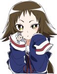  1girl blue_shirt bright_pupils brown_hair ixy long_hair long_sleeves looking_at_viewer mikakunin_de_shinkoukei mitsumine_mashiro shirt simple_background sleeves_past_fingers sleeves_past_wrists solo white_background white_pupils yellow_eyes 