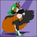  anthro biped breasts canid canine claws clothing countershade_face countershade_torso countershading female fluffy fluffy_tail fox greasymojo green_hair hair hi_res long_claws long_hair mammal musical_note reverse_countershading solo 