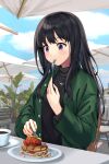  1girl :t absurdres bangs black_hair black_sweater blue_sky blurry blurry_background building chair cloud cup day eating food fork fruit green_jacket highres holding holding_fork holding_knife inoue_takina jacket knife long_hair long_sleeves lycoris_recoil open_clothes open_jacket outdoors parasol pastry plant plate potted_plant purple_eyes sky solo strawberry sweater table table_knife teacup turtleneck turtleneck_sweater umbrella yu_sa1126 