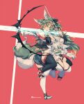  2girls ahoge animal_ear_fluff animal_ears arrow_(projectile) bangs bit_gag black_thighhighs bow_(weapon) breasts collar crossed_bangs drawing_bow gag gagged green_eyes green_hair highres holding holding_bow_(weapon) holding_weapon kuromiya kuromiya_raika large_breasts long_hair mouth_hold multicolored_hair multiple_girls original pony_play reins shiromiya_asuka short_hair simple_background tail thighhighs two-tone_hair weapon white_hair white_thighhighs 