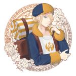 1boy amenboaoina backpack bag blonde_hair blue_eyes blue_jumpsuit border brown_bag closed_mouth commentary_request flower fur_trim hair_over_one_eye hand_up hat highres jumpsuit long_sleeves male_focus pokemon pokemon_(game) pokemon_legends:_arceus smile solo volo_(pokemon) white_border yellow_headwear 