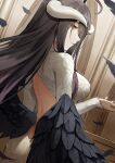  1girl ahoge albedo_(overlord) back backless_dress backless_outfit bangs black_hair black_wings breasts demon_girl demon_horns dress eyes_visible_through_hair fagi_(kakikaki) feathered_wings feathers hand_up horns indoors large_breasts long_hair long_sleeves low_wings overlord_(maruyama) parted_lips solo white_dress white_horns wings yellow_eyes 