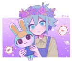  2boys absurdres animal_crossing basil_(omori) closed_mouth flower green_eyes green_hair head_wreath highres multiple_boys omori overalls sasha_(animal_crossing) shirt short_hair short_sleeves sike_(dvh_04) smile speech_bubble twitter_username yellow_shirt 