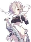  1girl apron azur_lane boots braid breasts chain choker collar cross cross_choker french_braid frilled_apron frills garter_straps hair_over_one_eye hori_(hori_no_su) maid maid_apron maid_headdress riding_crop sheffield_(azur_lane) small_breasts solo white_apron yellow_eyes 