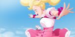  1girl blonde_hair blue_sky cloud cure_peach day dress earrings fresh_precure! fuchi_(nightmare) heart heart_earrings jewelry long_hair magical_girl momozono_love open_mouth pink_dress pink_eyes precure puffy_short_sleeves puffy_sleeves short_sleeves sky smile solo upper_body 