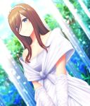  1girl bangs bare_shoulders blue_eyes blush breasts brown_hair cleavage closed_mouth commentary_request detached_sleeves dress go-toubun_no_hanayome hair_between_eyes highres long_hair nakano_miku short_sleeves sidelocks smile solo tsukumo_momo white_dress white_sleeves 