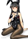  1girl animal_ears black_bow black_bowtie black_footwear black_hair black_leotard black_pantyhose bow bowtie detached_collar hair_ribbon high_heels isokaze_(kancolle) kantai_collection kudou_(ooabareteng) leotard long_hair looking_at_viewer one-hour_drawing_challenge pantyhose playboy_bunny rabbit_ears rabbit_tail red_eyes ribbon simple_background sitting solo strapless strapless_leotard tail tress_ribbon wariza white_background 