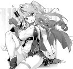  1girl ahoge arm_support armband azur_lane blush breasts fingerless_gloves gloves grenville_(azur_lane) greyscale gun holding holding_gun holding_weapon hori_(hori_no_su) large_breasts long_hair looking_at_viewer monochrome open_mouth sitting smile solo thighhighs weapon 
