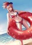  1girl american_flag_bikini applekun bare_arms baseball_cap beach bikini blue_eyes blue_sky blush breasts cherry_blossom_print dutch_angle earrings fate/grand_order fate_(series) flag_print floral_print front-tie_bikini_top front-tie_top hat highres innertube jewelry light_particles long_hair looking_at_viewer medium_breasts miyamoto_musashi_(fate) multiple_straps navel ocean one_eye_closed outdoors pink_hair sand skindentation sky smile solo star_(symbol) star_print striped striped_bikini swimsuit two-tone_headwear underboob 