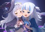  2girls :d animal_hood bangs blue_eyes blue_hair blue_hood blunt_bangs breasts capelet cheek-to-cheek clenched_teeth commentary_request eyes_visible_through_hair fish_tail gawr_gura grabbing_own_breast hair_ornament hat heads_together highres hirotaka0125 hololive hololive_english hood light_blush long_hair long_sleeves looking_at_viewer medium_hair midriff mini_hat mini_witch_hat multicolored_eyes multicolored_hair multiple_girls murasaki_shion ok_sign open_mouth orange_eyes shark_girl shark_hair_ornament shark_hood shark_tail sharp_teeth short_twintails small_breasts smile smug streaked_hair tail teeth tilted_headwear twintails two-tone_hair upper_body virtual_youtuber white_hair wide_sleeves witch_hat 