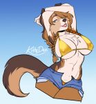  2022 anthro breasts brown_body brown_fur canid canine canis clothed clothing digital_media_(artwork) domestic_dog eyebrows eyelashes female fur hi_res kittydee mammal navel simple_background smile solo 