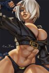  1girl abs absurdres angel_(kof) bangs blue_eyes bra breasts chaps cropped_jacket fingerless_gloves gloves hair_over_one_eye highres jacket large_breasts leather leather_jacket muscular muscular_female obliques rim_jims snk the_king_of_fighters toned underwear 