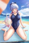  1girl ;d absurdres arayuki_(sakurafubuki) arm_support bangs bare_arms bare_shoulders barefoot beach beach_mat bird blue_eyes blue_hair blue_one-piece_swimsuit blue_sky blunt_bangs breasts cameltoe cloud covered_navel cup day disposable_cup drink drinking_straw foreshortening full_body genshin_impact hair_ribbon highleg highleg_swimsuit highres holding holding_drink kamisato_ayaka large_breasts long_hair looking_at_viewer mole mole_under_eye ocean one_eye_closed outdoors ponytail ribbon school_swimsuit sitting sky smile solo swimsuit thighs toes tress_ribbon wariza water wedgie wet 