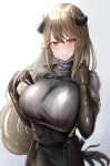  1girl absurdres arknights blonde_hair breasts closed_mouth elbow_gloves gloves highres horns large_breasts long_hair looking_at_viewer meteorite_(arknights) poni_(poni_arknights) simple_background solo sweater upper_body very_long_hair 