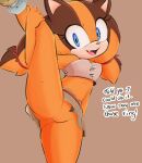  anthro badger bodily_fluids clothed clothing color_edit colored dialogue edit english_text eyelashes fangs female flexible genitals hi_res looking_at_viewer mammal mustelid musteline no_underwear on_one_leg one_leg_up open_mouth orange_body pussy raised_leg roundpeach sega simple_background solo sonic_boom sonic_the_hedgehog_(series) splits spread_legs spreading standing sticks_the_jungle_badger sweat talking_to_viewer teeth tenshigarden text tongue vertical_splits video_games 