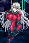  1girl android aqua_nails artist_name bodysuit breasts bright_pupils commentary english_commentary gauntlets glowing_nails grey_hair highres horns large_breasts long_hair looking_at_viewer mechanical_horns mechanical_legs red_bodysuit slit_pupils smile valneekoart1 virtual_youtuber vshojo white_pupils yellow_eyes zentreya_(vtuber) 