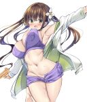  1girl :d armpits blush breasts brown_hair cleavage commentary_request flower gochuumon_wa_usagi_desu_ka? green_eyes hair_flower hair_ornament holding holding_water_gun jacket kurou_(quadruple_zero) large_breasts long_hair looking_at_viewer navel open_clothes open_jacket open_mouth outstretched_arms purple_shorts shorts simple_background smile solo thighs twintails ujimatsu_chiya water_gun wet white_background white_jacket 
