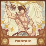  1boy abs arm_tattoo bangs bara black_hair chest_tattoo large_pectorals laurel_crown male_focus mazjojo monkey_boy monkey_tail muscular muscular_male navel original pectorals pointy_ears polearm short_hair smile solo spear tail tarot tattoo the_world_(tarot) weapon 