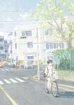  1girl absurdres backpack bag bicycle building car crosswalk crowd day ground_vehicle hayashi_naoyuki highres motor_vehicle original outdoors pavement people power_lines print_shirt riding riding_bicycle road scenery shirt shorts sidewalk sign street t-shirt town traffic_light white_shirt 