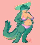  alligator alligatorid annoyed anthro bikini breasts claws clothing crocodilian curvy_figure female green_body green_scales grumpy hands_on_hips hi_res non-mammal_breasts reptile roboreptil sagging_breasts scales scalie simple_background slightly_chubby solo stocky sun_hat swimwear thick_thighs voluptuous watermark 