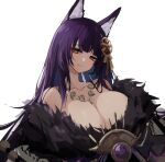  1girl a_fangfang_fang_fang absurdres animal_ears azur_lane breasts cleavage closed_mouth facial_mark fox_ears fox_girl fur-trimmed_kimono fur_trim hair_ornament highres japanese_clothes jewelry kimono large_breasts long_hair magatama magatama_necklace musashi_(azur_lane) necklace purple_hair simple_background smile solo upper_body white_background yellow_eyes 