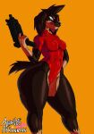  absurd_res anthro arkanman athosart black_hair breasts canid canine canis clothed clothing domestic_dog female gun hair hi_res holding_gun holding_object holding_weapon licking licking_lips licking_own_lips mammal orange_background ranged_weapon self_lick simple_background solo tongue tongue_out weapon 