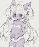  1girl ahoge breasts brown_eyes censored furry furry_female grey_background greyscale highres long_hair monochrome navel original panties racal_ra simple_background sketch small_breasts solo spot_color thighhighs thighs topless twintails underwear underwear_only unfinished very_long_hair white_panties white_thighhighs 