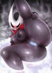  2022 anthro areola arthropod black_areola black_body black_nipples black_skin blue_pussy blush breasts clothed clothing fecharis female genitals holding_leg hollow_knight hornet_(hollow_knight) hot_spring nipples one_leg_up partially_clothed partially_submerged presenting presenting_pussy pussy raised_leg smagloosh solo spread_legs spreading team_cherry thick_thighs tsundere video_games water wet 