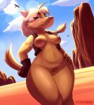  2022 ambient_bird anthro avian bird bodily_fluids bottomless bottomless_anthro bottomless_female breasts brown_body brown_fur canid canine canis clothed clothing desert detailed_background dingo exposed_breasts female fur genitals hair hi_res looking_at_viewer low-angle_view mammal nipples okasaira open_clothing open_topwear open_vest portrait pubes pussy shazza_the_dingo smile solo sweat three-quarter_portrait topwear ty_the_tasmanian_tiger_(series) vest video_games white_hair 