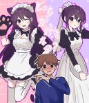  1boy 1girl absurdres alternate_costume alternate_hairstyle animal_hands apron black_bow black_eyes black_hair blue_shirt blush bow brown_eyes brown_hair cat_paws closed_mouth enmaided film_grain garter_straps hero_(omori) highres holding holding_tray long_sleeves looking_at_viewer maid maid_apron maid_headdress mari_(omori) omori one_eye_closed open_mouth ponytail puffy_short_sleeves puffy_sleeves shirt short_sleeves sidelocks sike_(dvh_04) smile thighhighs translation_request tray white_thighhighs 