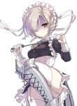  1girl apron azur_lane boots braid breasts chain choker collar cross cross_choker french_braid frilled_apron frills garter_straps hair_over_one_eye hori_(hori_no_su) maid maid_apron maid_headdress riding_crop sheffield_(azur_lane) small_breasts solo white_apron yellow_eyes 