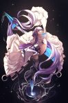  1girl ballet black_background blue_eyes coat fate/extra fate/extra_ccc fate/grand_order fate_(series) flat_chest highres leg_up long_coat long_hair meltryllis_(fate) meltryllis_(third_ascension)_(fate) navel prosthesis prosthetic_leg purple_hair smile sparkle untue very_long_hair water white_coat 