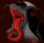  2020 anthro black_hair bodily_fluids bust_portrait dated dragon ear_piercing ear_ring ellian famir_(artist) front_view glistening glistening_eyes glistening_tongue grey_body grey_ears hair hi_res long_hair long_tongue male mouth_shot narrowed_eyes open_mouth piercing portrait red_inner_ear red_tongue ring_piercing saliva saliva_on_tongue saliva_string sharp_teeth signature simple_background solo teeth tongue 