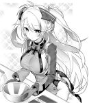  1girl azur_lane blush bowl breasts closed_mouth expressionless gloves greyscale holding holding_bowl hori_(hori_no_su) large_breasts long_hair long_sleeves looking_away monochrome prinz_eugen_(azur_lane) sideboob solo 
