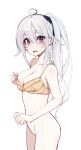  1girl absurdres bangs bottomless bra breasts cleavage cowboy_shot grey_hair hair_between_eyes highres long_hair looking_at_viewer medium_breasts no_shirt open_mouth original pink_eyes ponytail shirono_mirai simple_background sketch solo standing underwear white_background zero_(miraichizu) 