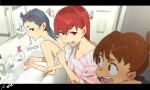  bathroom blue_hair brown_eyes brrown_hair brushing_teeth camisole faucet glasses green_eyes highres kobayashi_gen kurimoto_haruka kyoubashi_amane mirror open_mouth red_eyes red_hair rinoda_mano school_girl_strikers shirt sink striped striped_shirt washing_face 